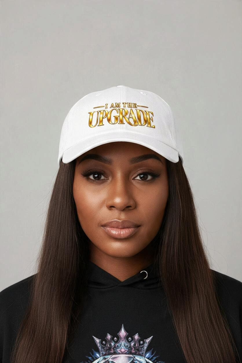 Adjustable dad cap featuring the gold 'I AM THE UPGRADE' statement embroidery.