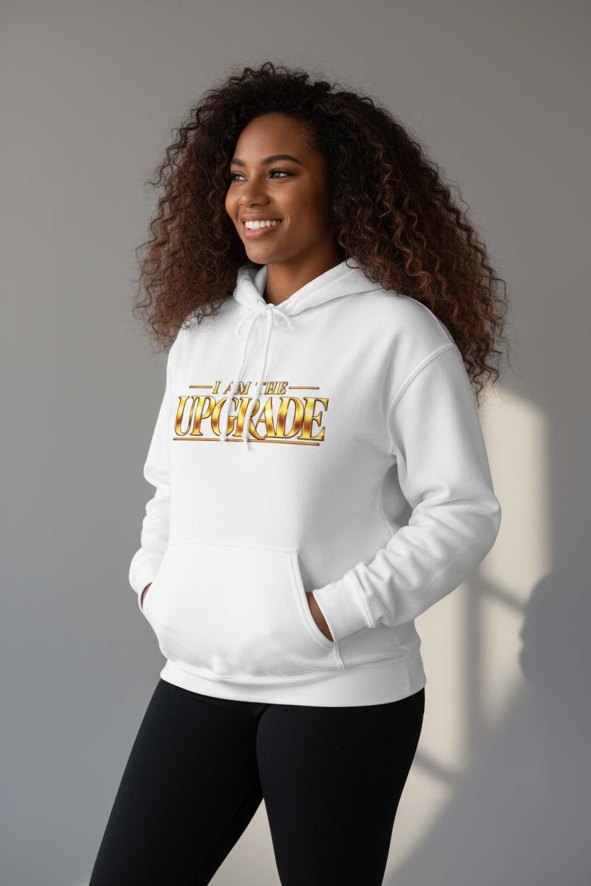 Hooded sweatshirt displaying the 'I AM THE UPGRADE' gold text graphic.