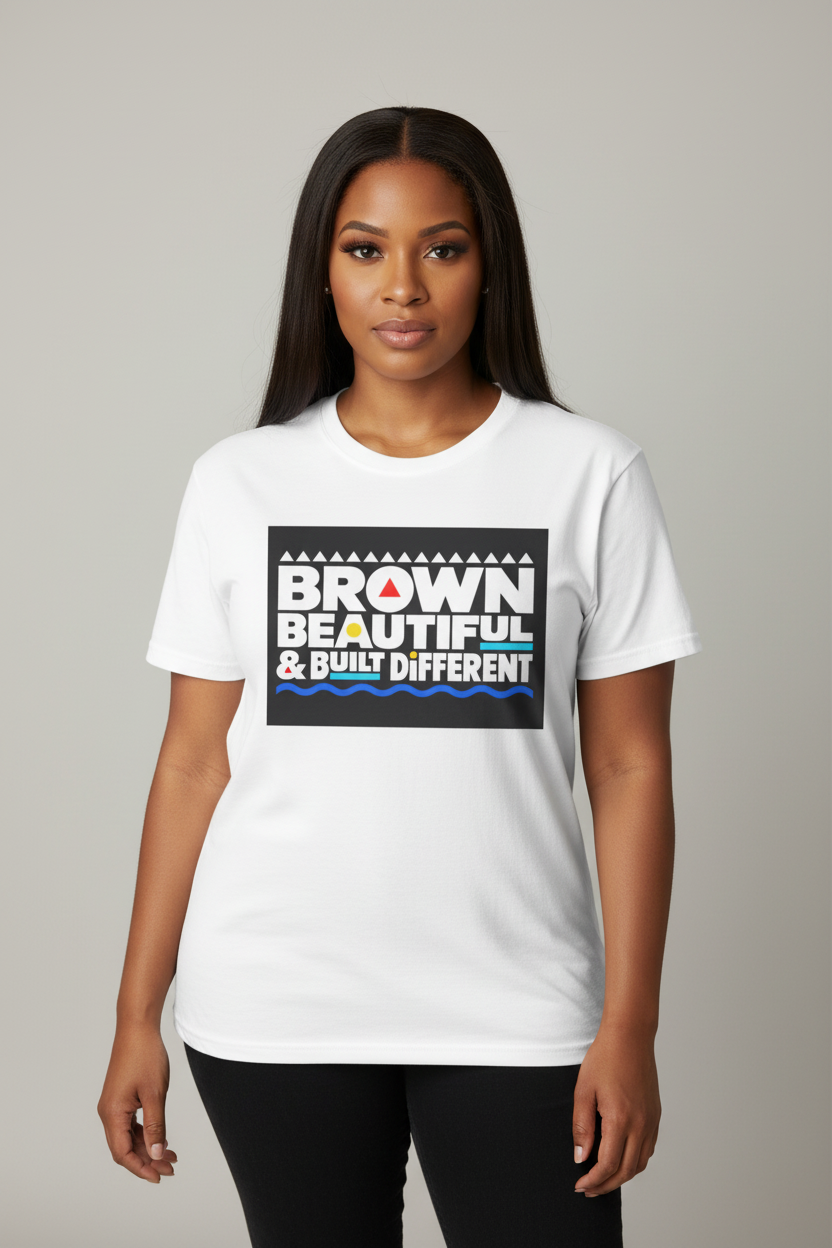 Brown, Beautiful & Built Different T-Shirt | Empowerment Typography