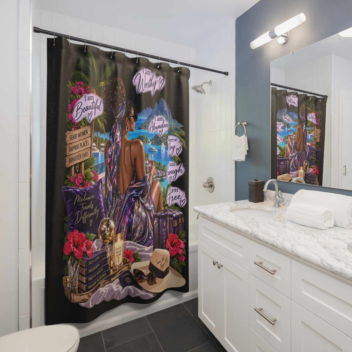 Tropical Woman affirmation art Shower Curtain