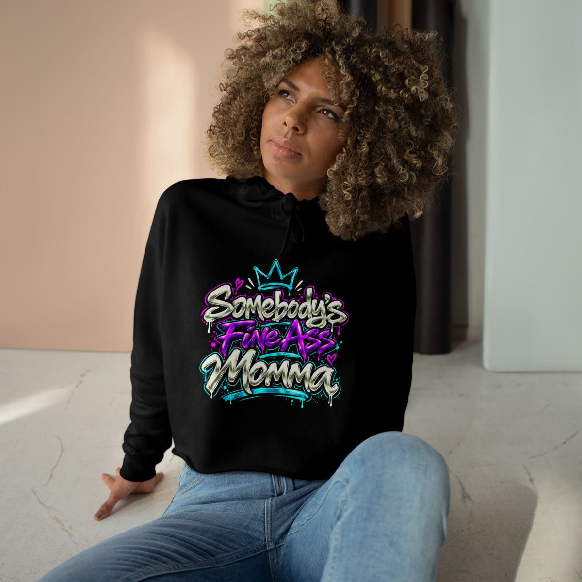 Women's urban graphic crop hoodie with Somebody's Fine Ass Momma slogan