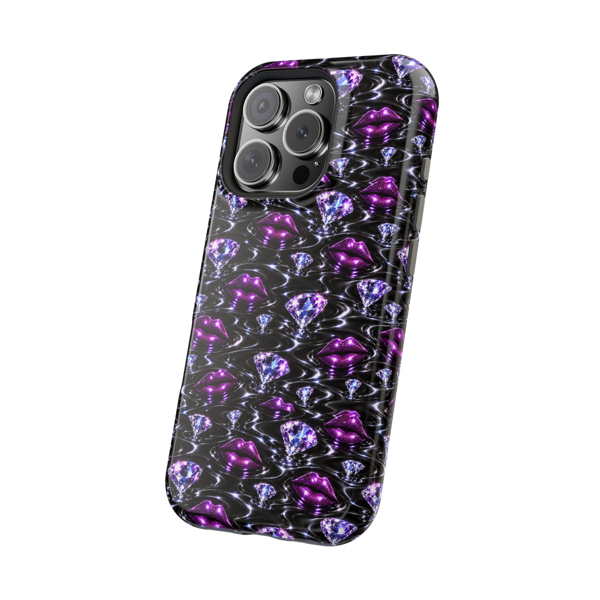 Black-background phone case patterned with purple lips and gemstones.