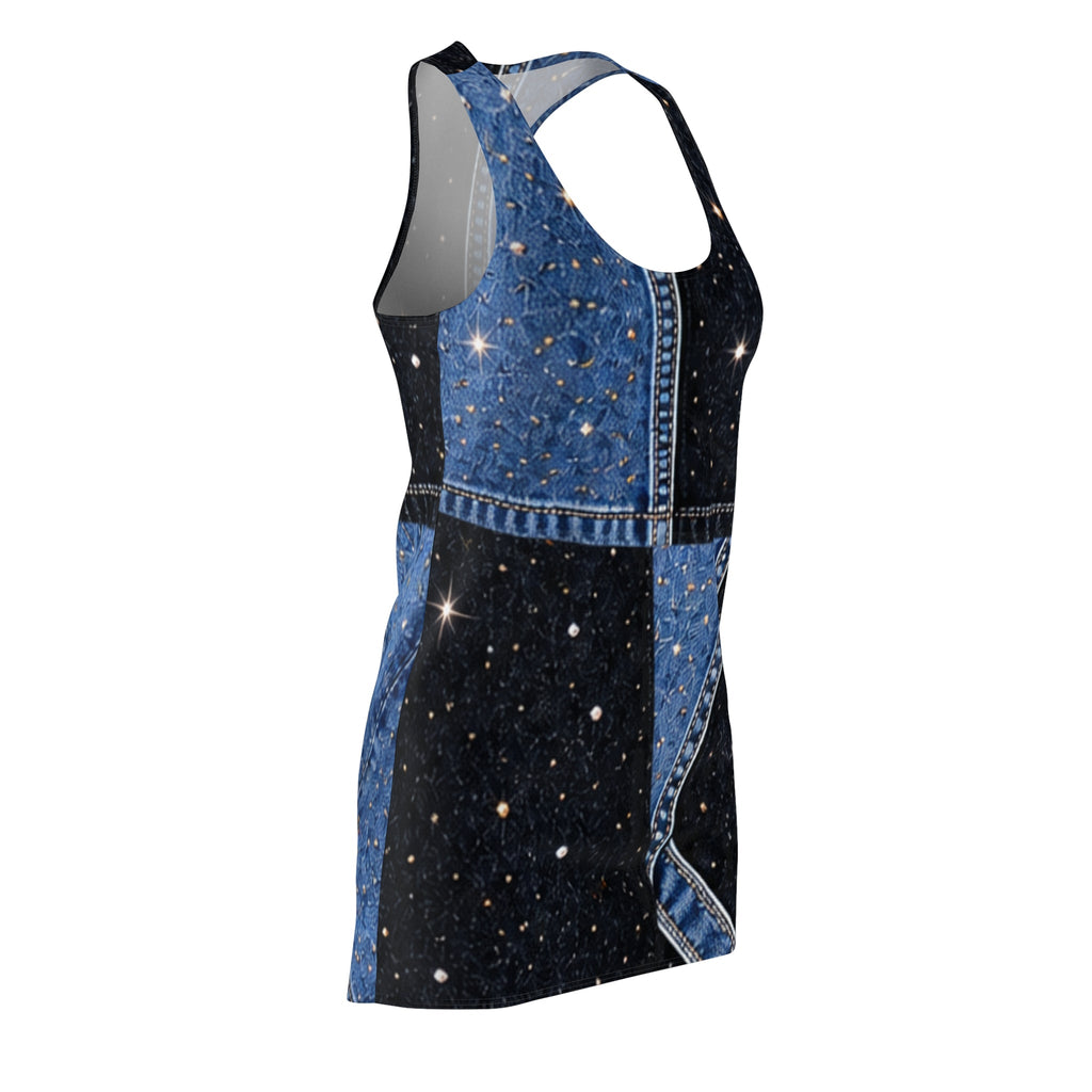Asymmetrical Denim Print Patchwork Galaxy Racerback Dress