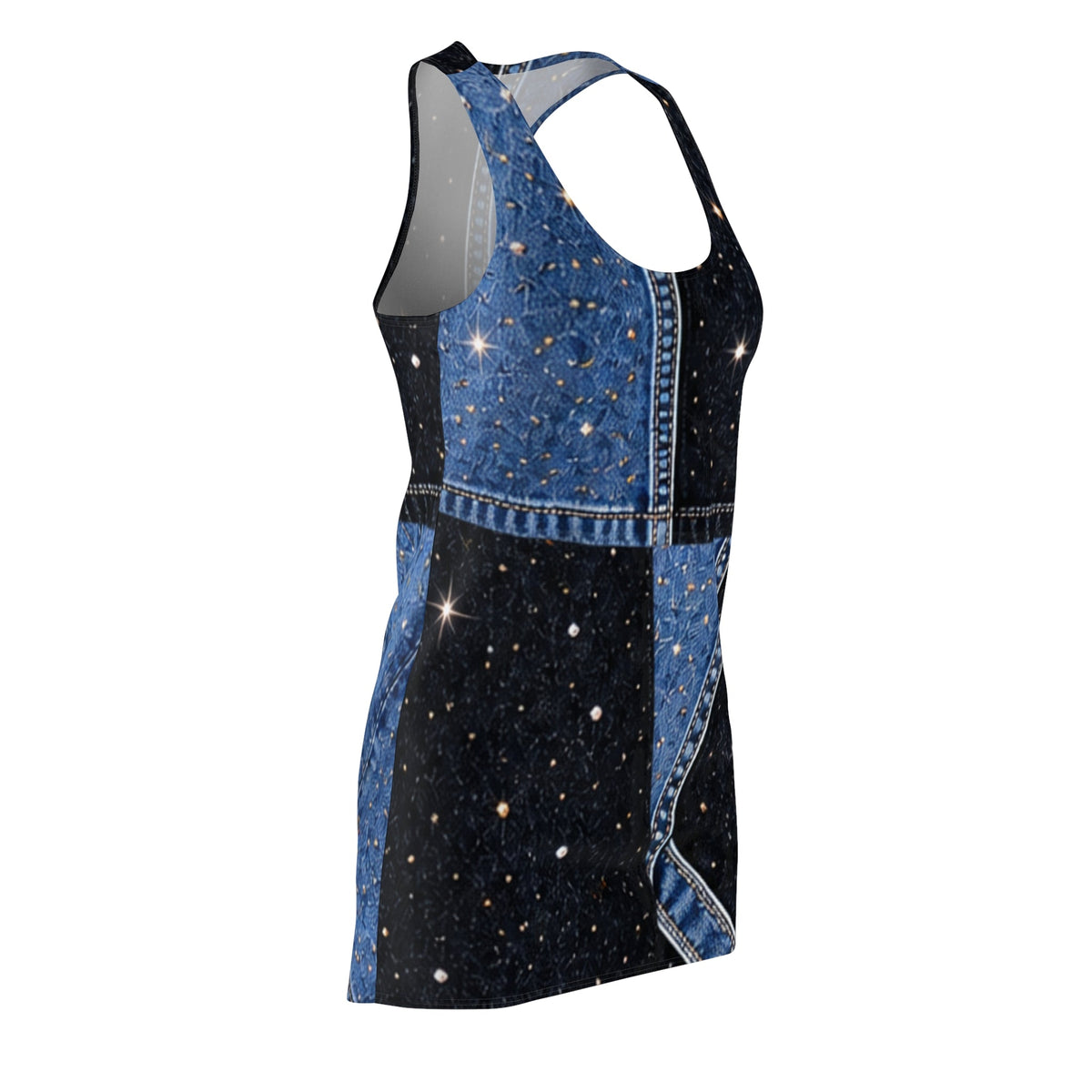 Asymmetrical Denim Print Patchwork Galaxy Racerback Dress