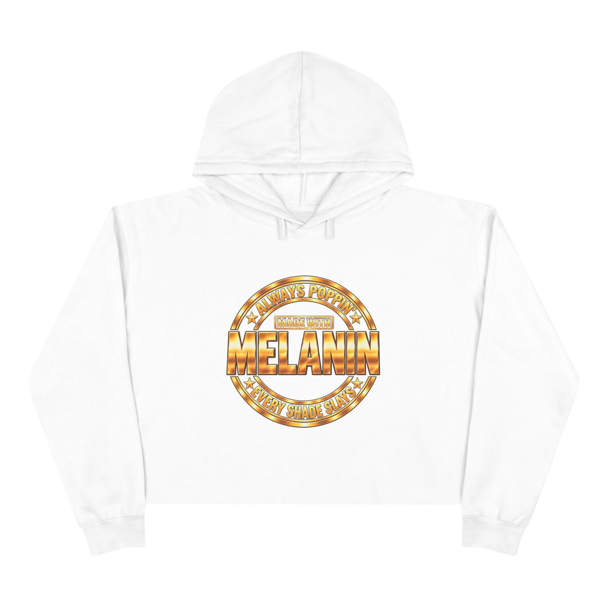 Cropped hoodie featuring 'Made with Melanin' emblem artwork.