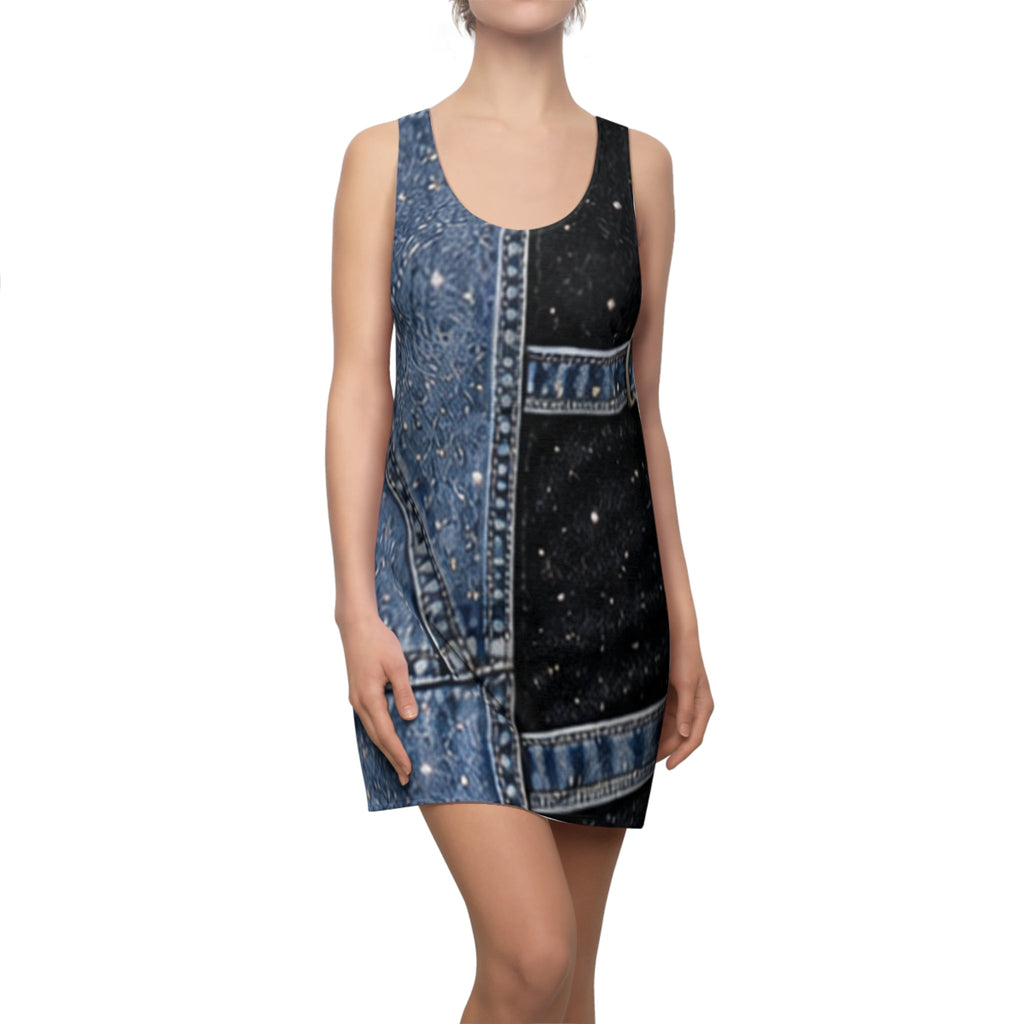 Denim Patchwork Racerback Dress | Blue Jean Print