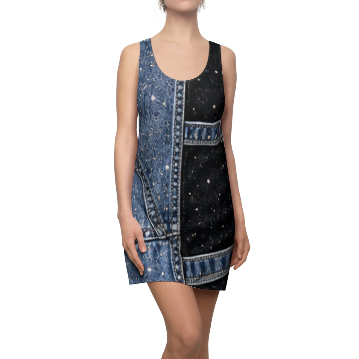 Denim Patchwork Racerback Dress | Blue Jean Print