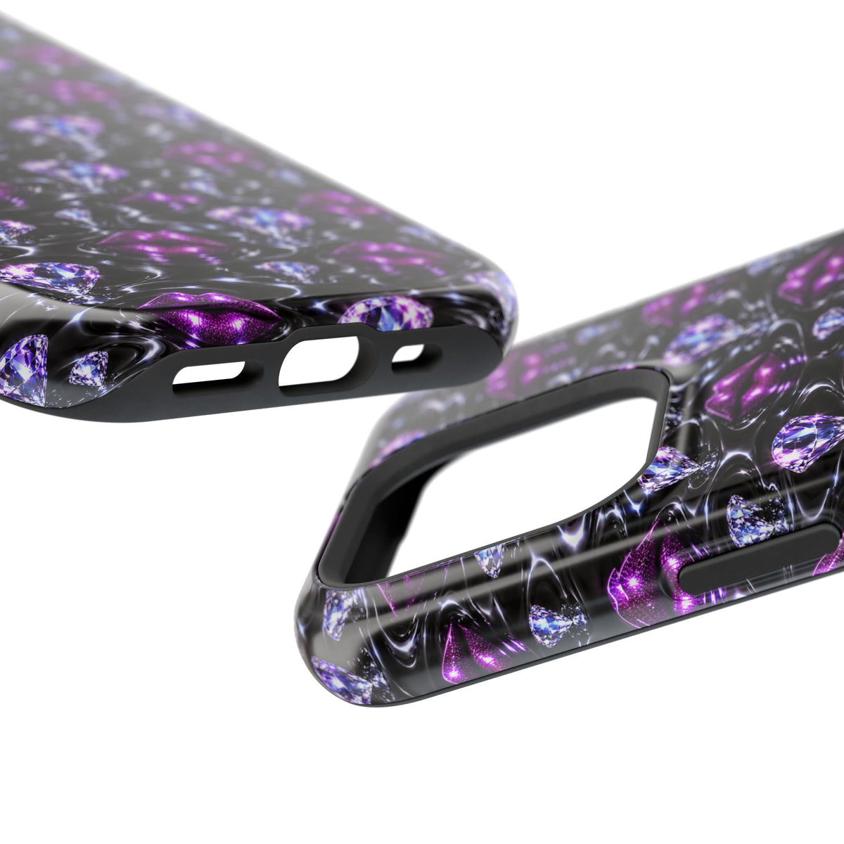 Decorative phone case with repeating purple lip prints and diamonds.
