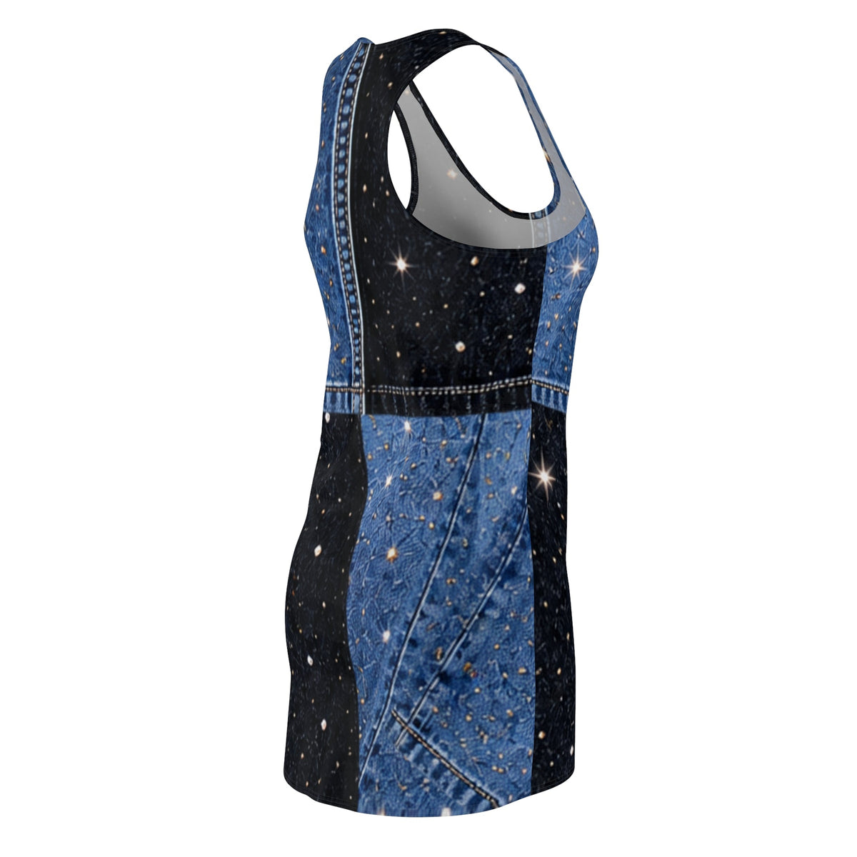 Asymmetrical Denim Print Patchwork Galaxy Racerback Dress