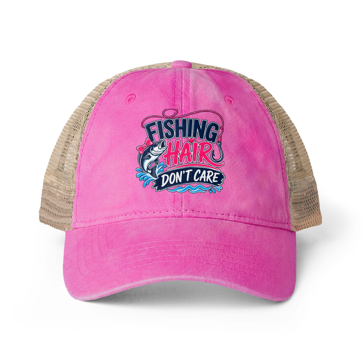 Fishing Hair, Don't Care Women's Washed Mesh-Back Cap