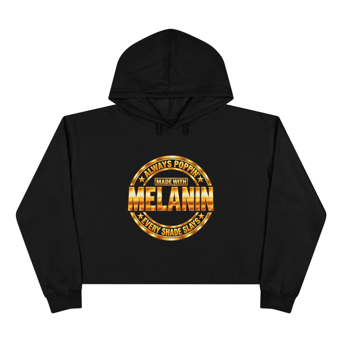 Made with Melanin crop hoodie with a vintage-inspired circular logo.