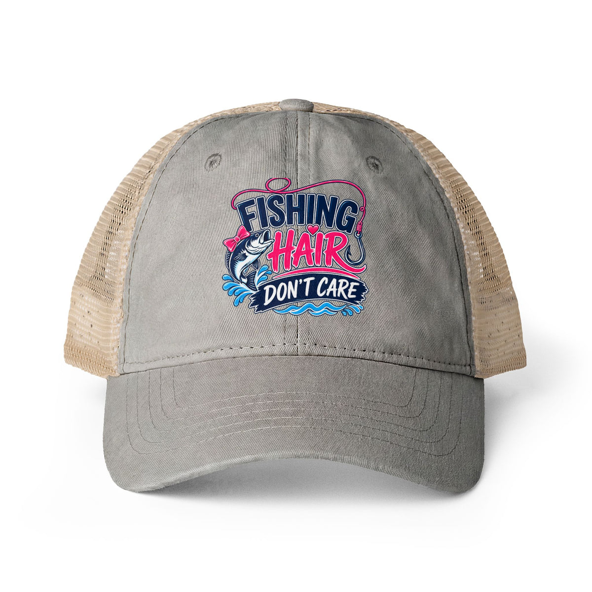 Fishing Hair, Don't Care Women's Washed Mesh-Back Cap