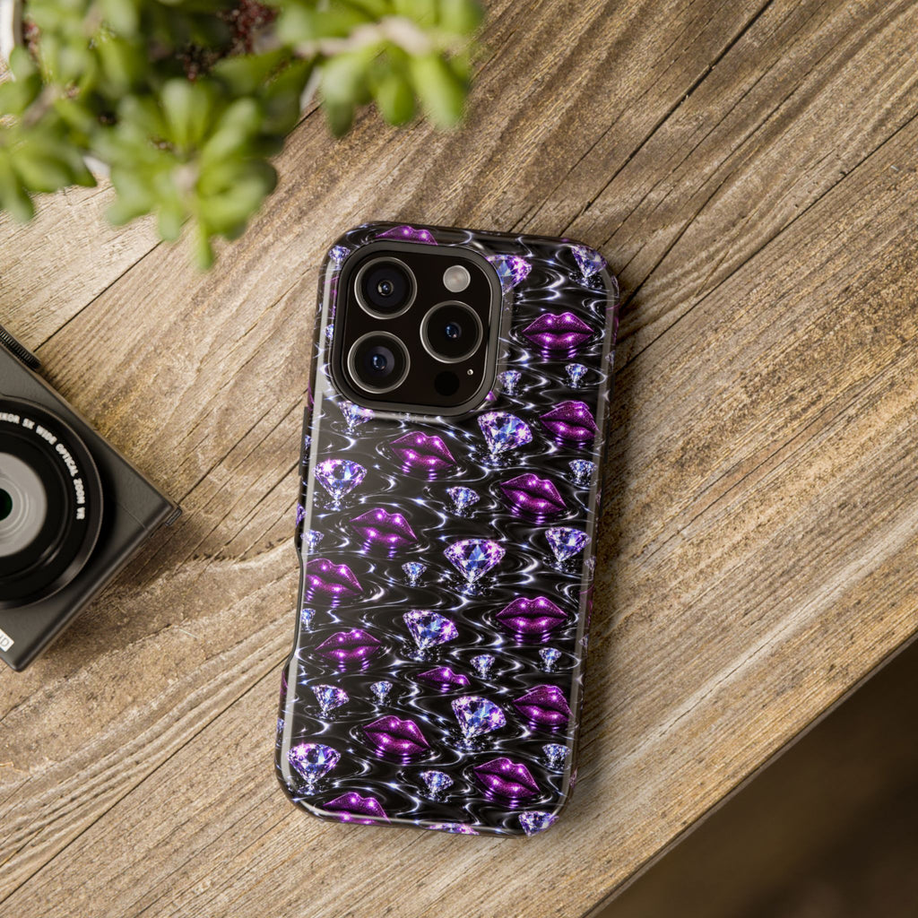 Glossy-looking gem and purple lips design printed on a phone case.