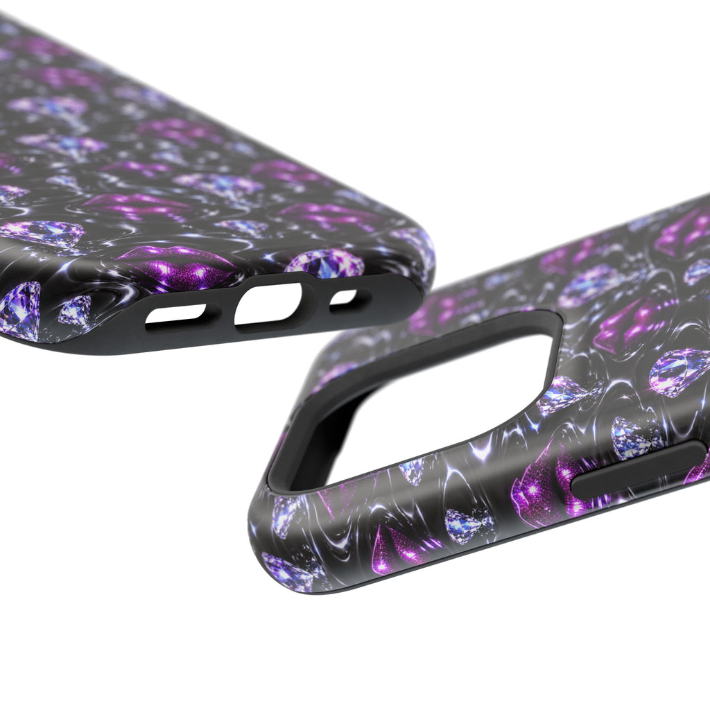 Purple lip print and gem pattern on a protective phone case.