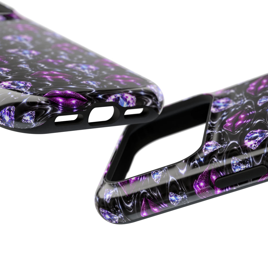 Dark phone case featuring jewel-toned purple lips and gem shapes.
