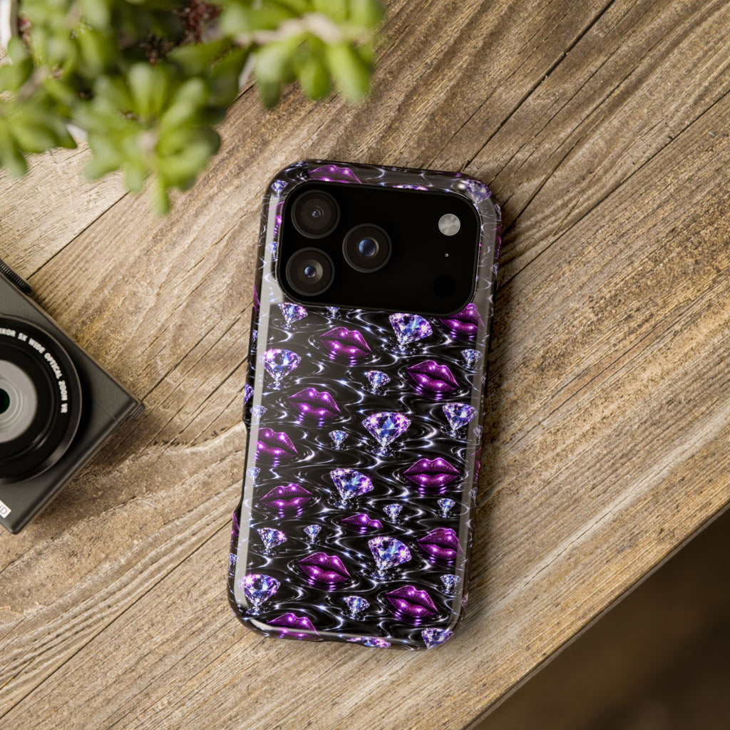 Purple Diamond Lips case featuring a repeating jewel-themed print.