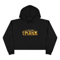 Black I AM THE UPGRADE cropped graphic hoodie with gold statement lettering.