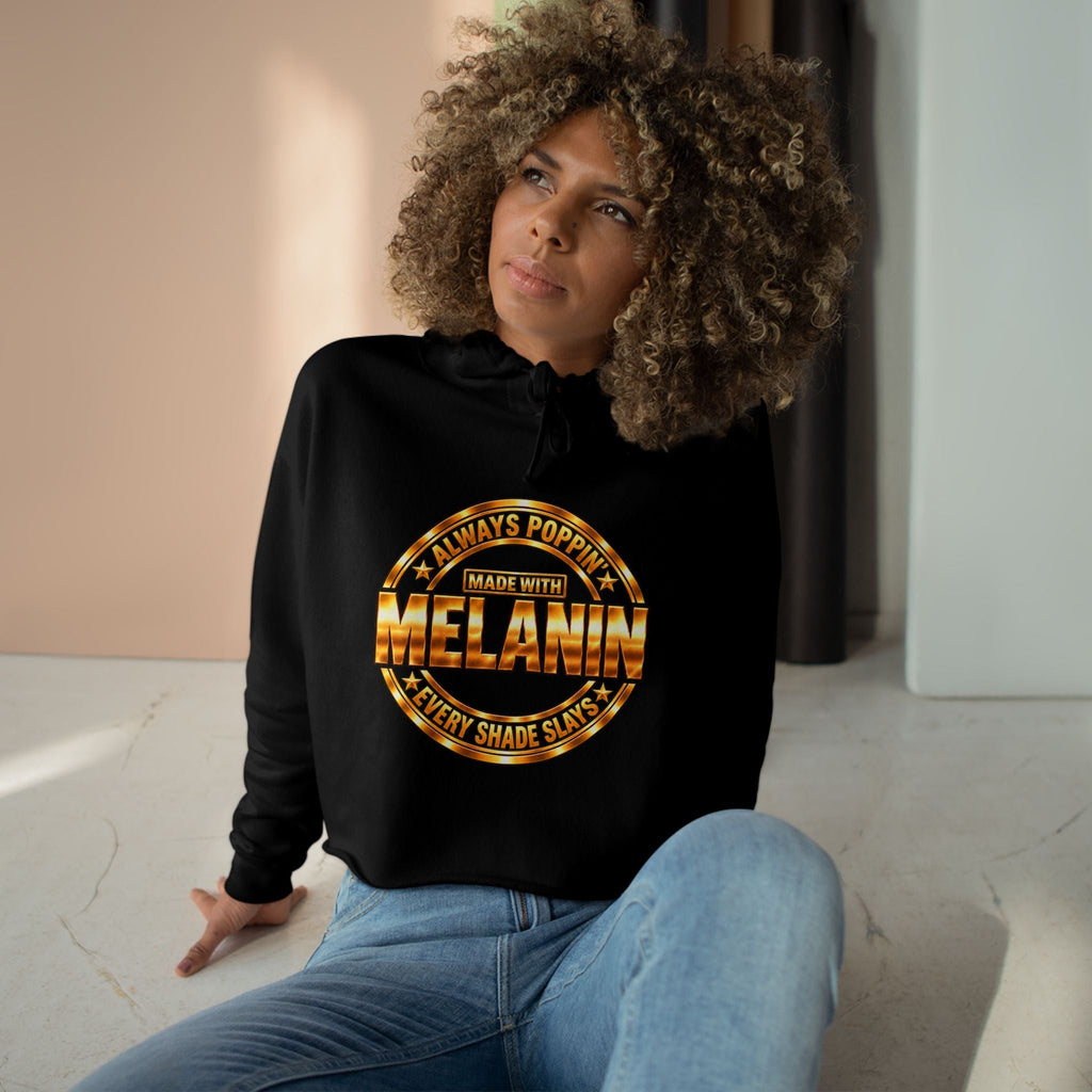 Additional product image of the Made with Melanin logo crop hoodie.