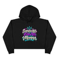 Black Somebody's Fine Ass Momma crop hoodie with bold retro graffiti text graphic.