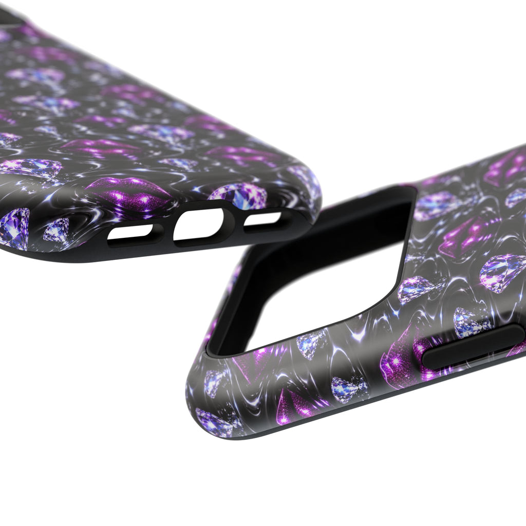 Fashion phone case featuring a purple lips and gemstone pattern.