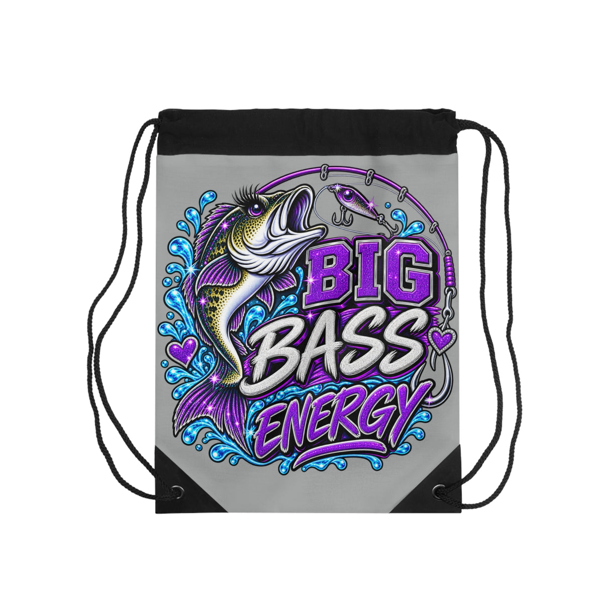 Big Bass Energy Drawstring Bag | Fishing Graphic, Bass Illustration