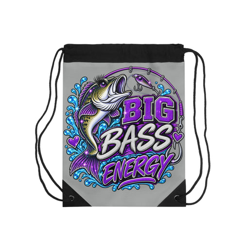 Big Bass Energy Drawstring Bag | Fishing Graphic, Bass Illustration