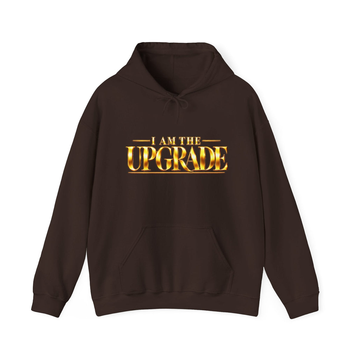 Dark chocolate I AM THE UPGRADE hoodie with motivational gold typography.