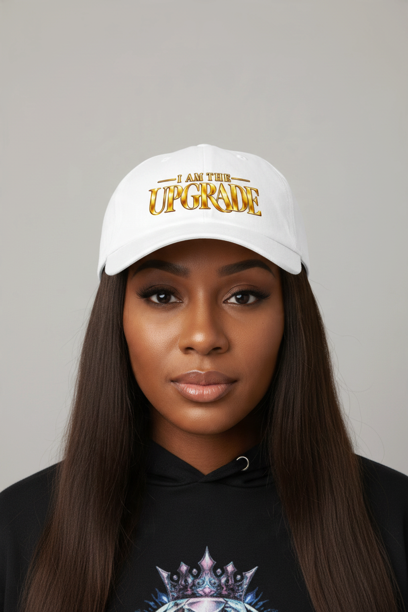 I Am The Upgrade low-profile baseball cap with bold gold-tone embroidered text.