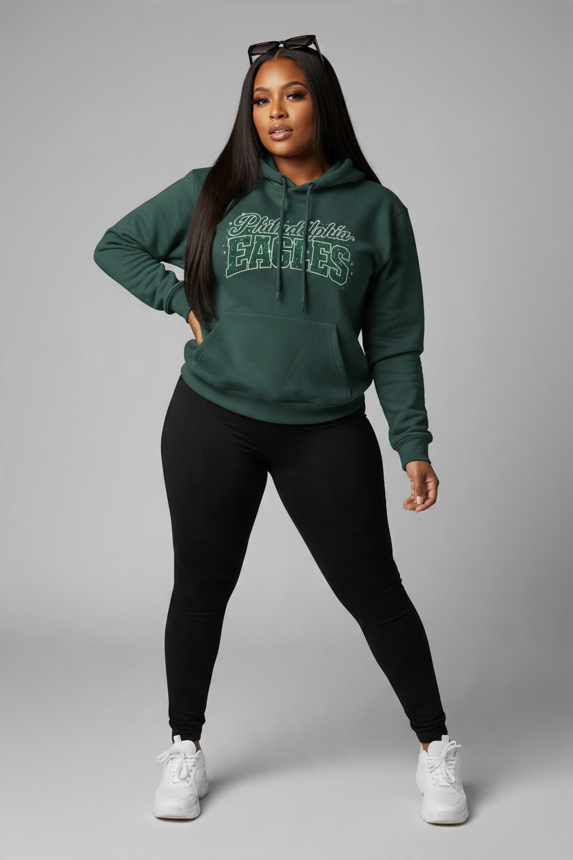 Philadelphia Eagles Fan Girl graphic hoodie with football team-inspired lettering and artwork.