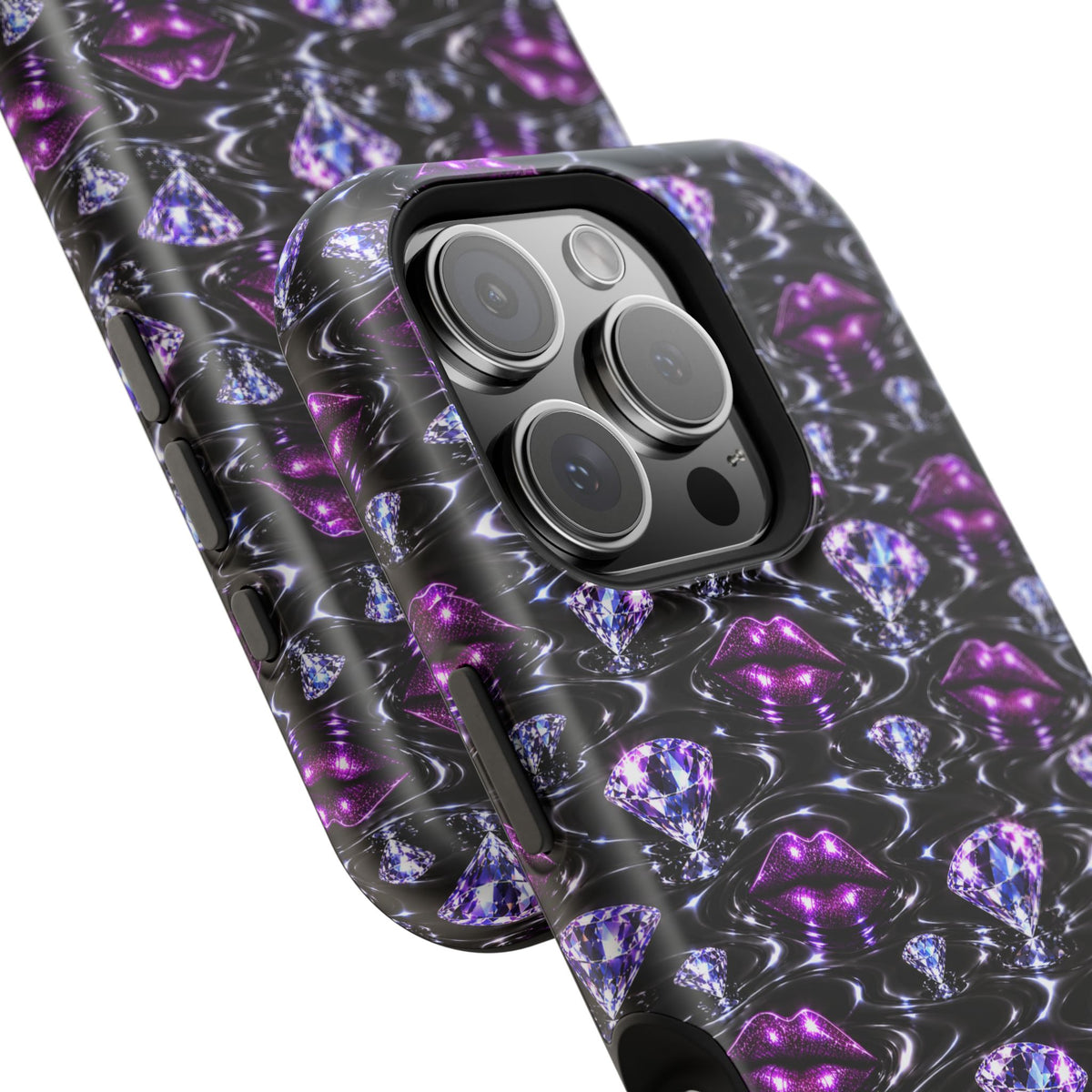 Phone case with purple lips and faceted diamond motifs over a dark design.