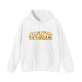 White I AM THE UPGRADE pullover hoodie featuring bold gold lettering.