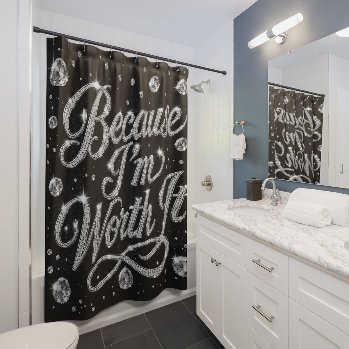 Because I'm Worth It Shower Curtain — Glam Diamond Script Bathroom Decor