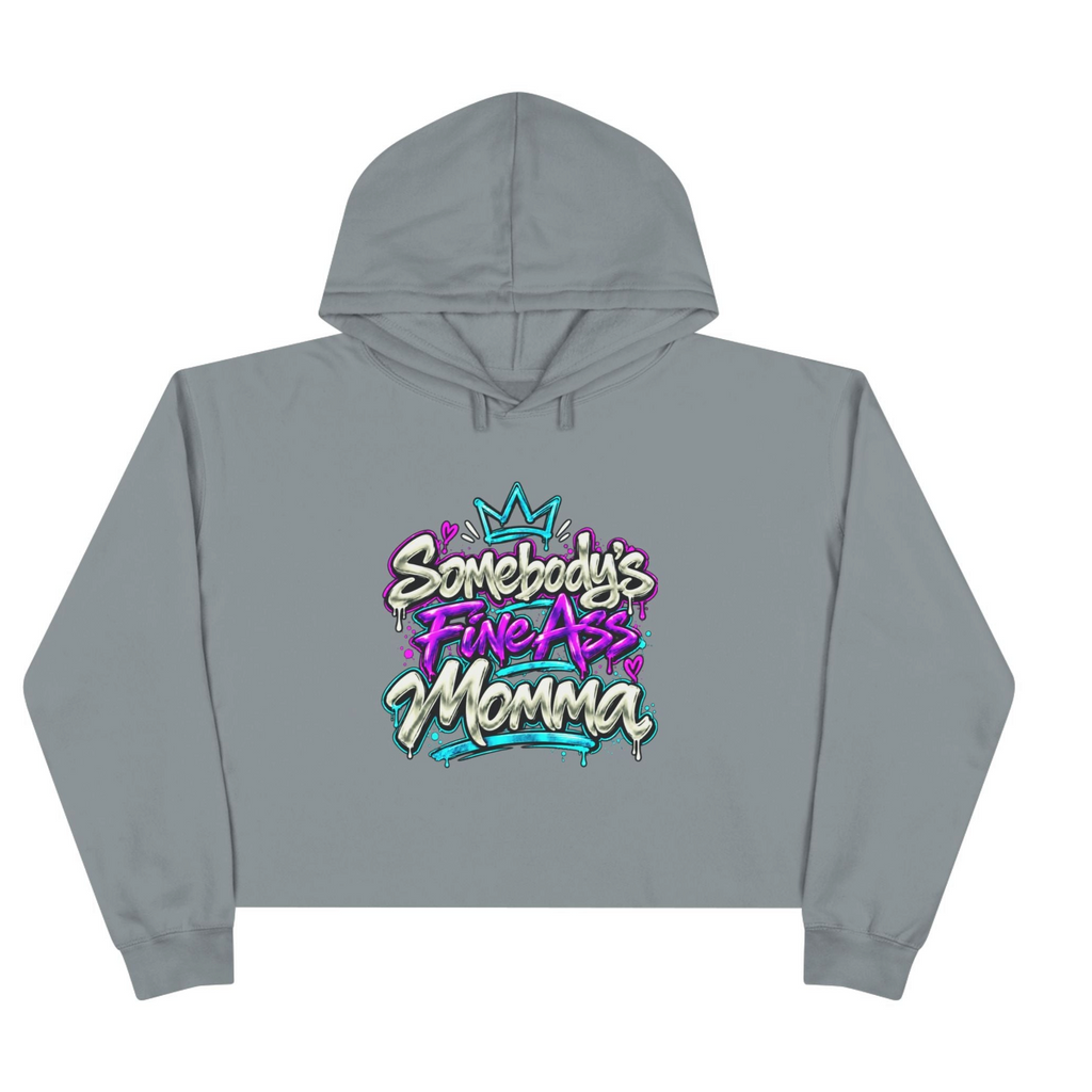 Throw it in the Bag grey cropped hoodie featuring a vibrant graffiti-style graphic with teal and purple text.