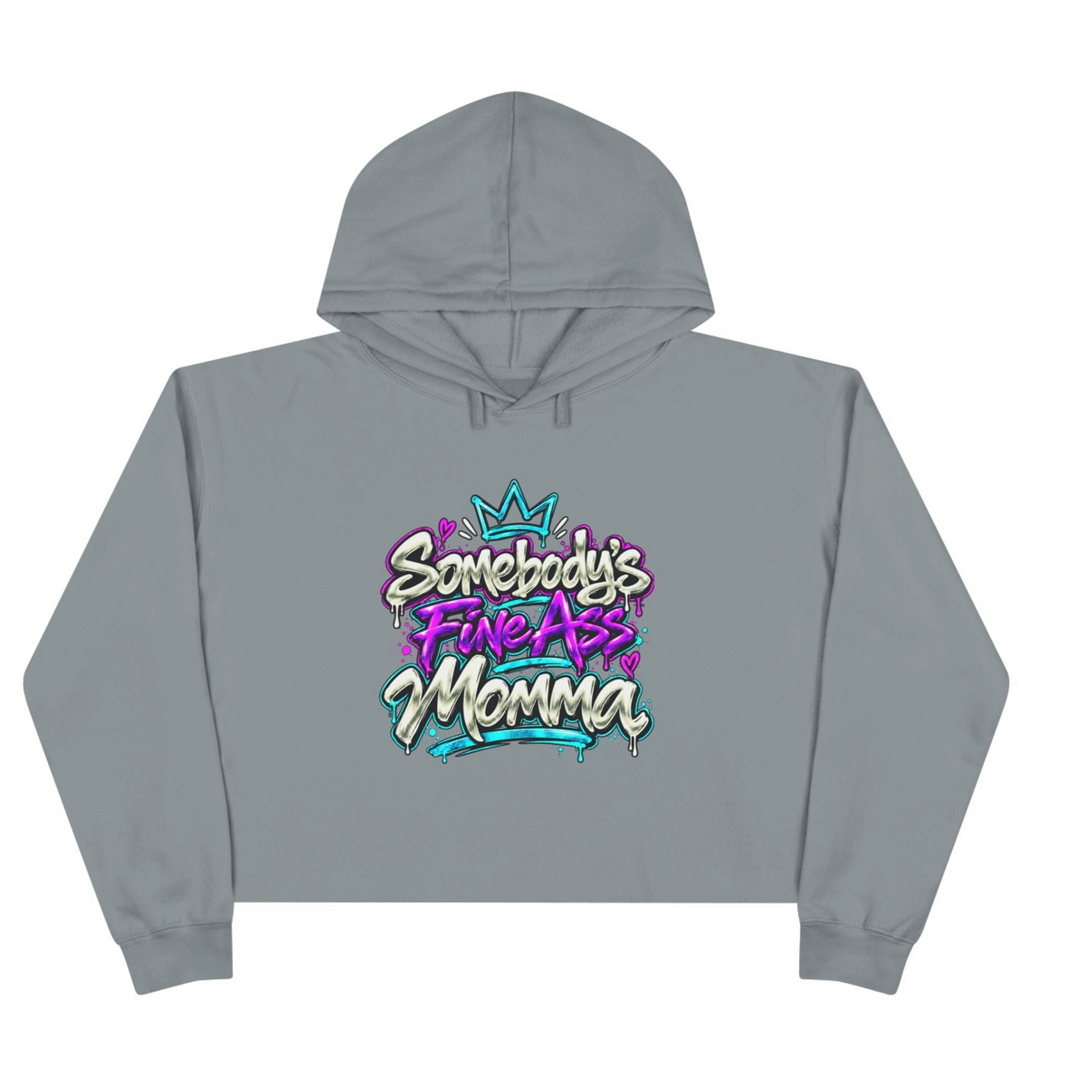 Throw it in the Bag grey cropped hoodie featuring a vibrant graffiti-style graphic with teal and purple text.