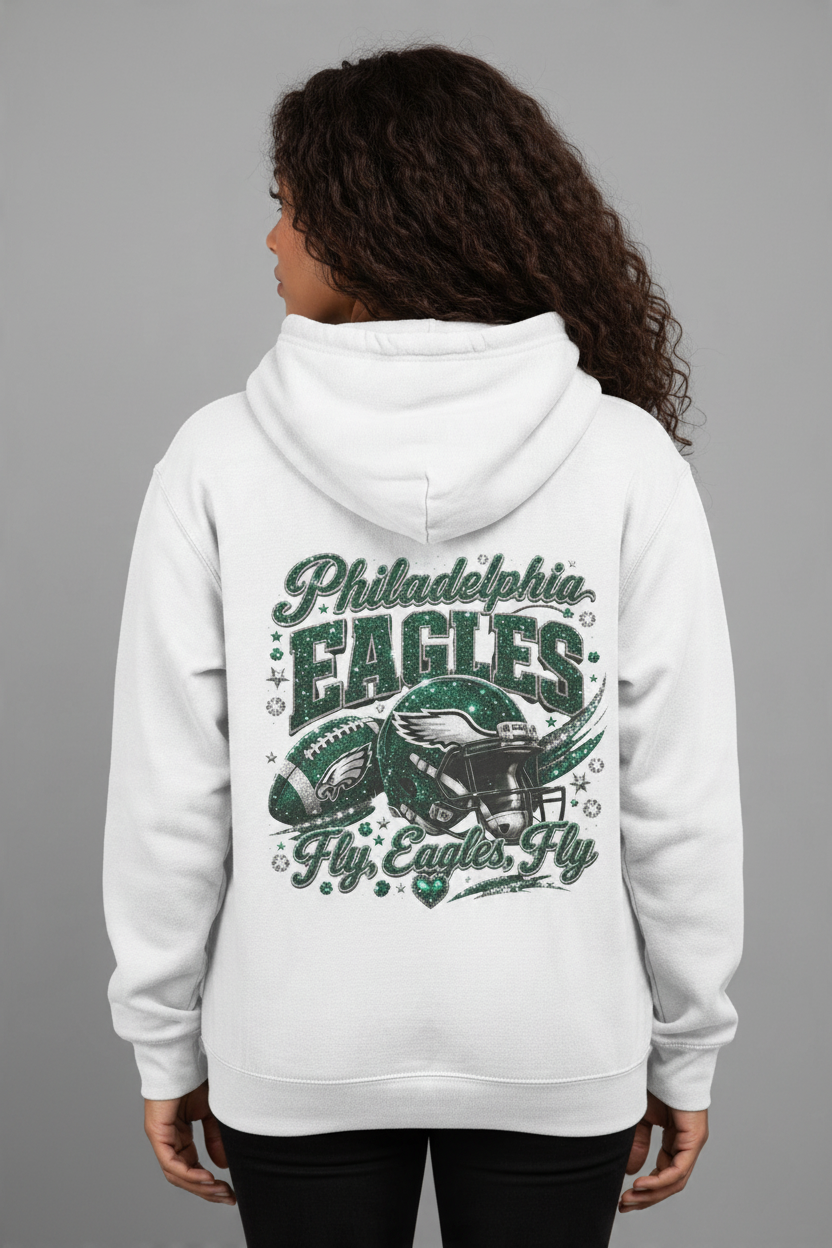 Philadelphia Eagles Fan Girl hoodie with football team-inspired graphics.
