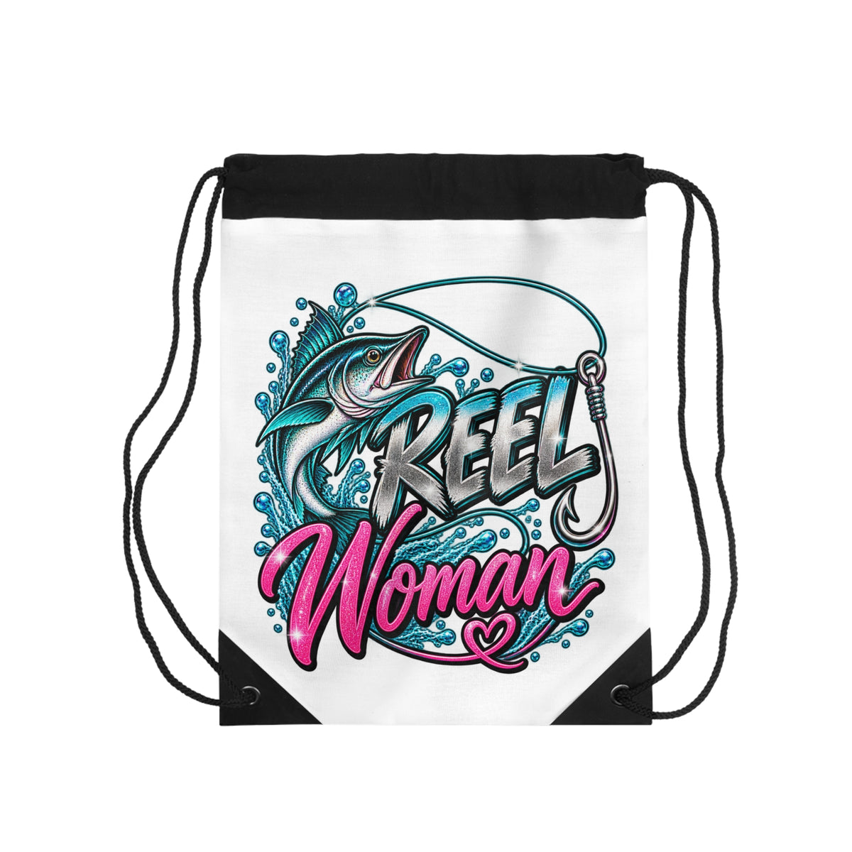 Reel Woman Drawstring Bag – Feminine Fishing Gym Sack with Marlin & Hook Design