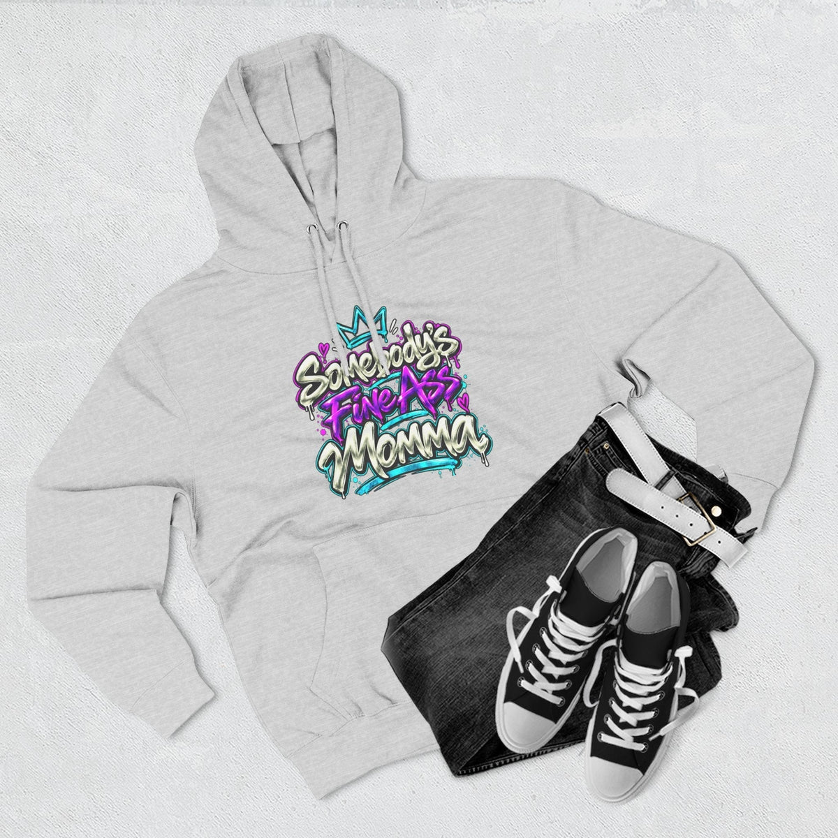 Fleece pullover hoodie with the bold 'Somebody’s Fine Ass Momma' slogan.