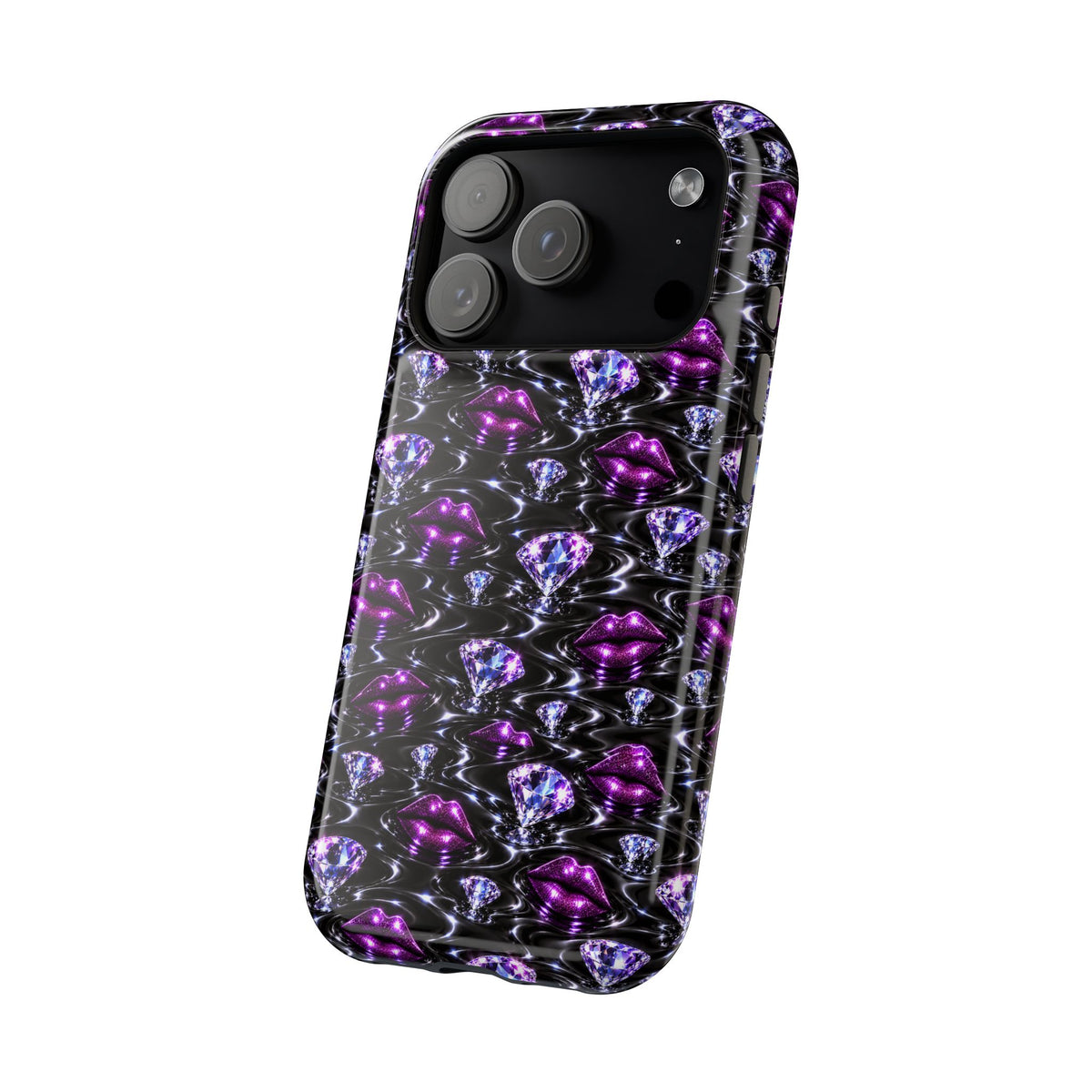 Alternate product image of a case decorated with purple lips and diamonds.