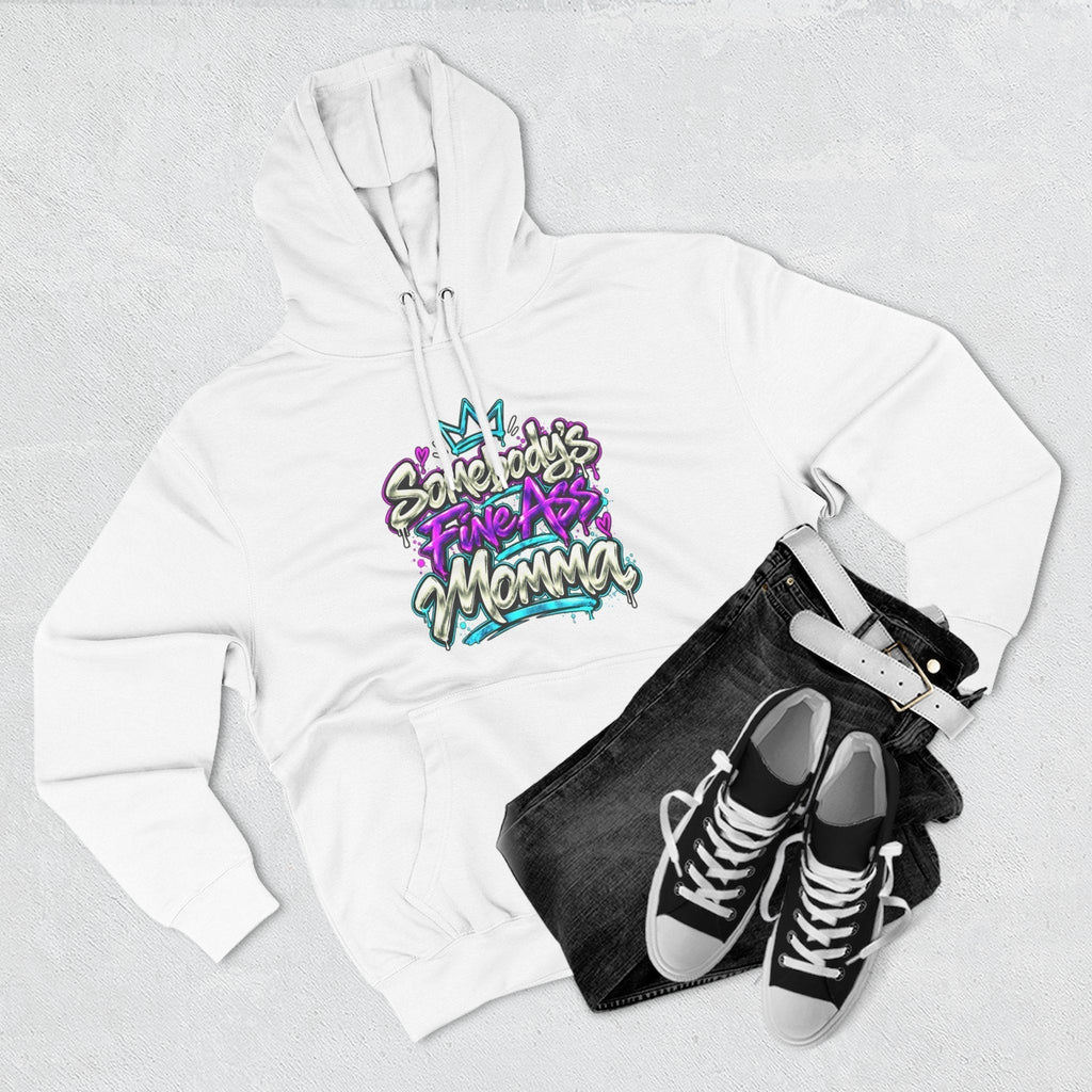 Somebody's Fine Ass Momma Hoodie: Graffiti Script, Retro Colors in White colorway