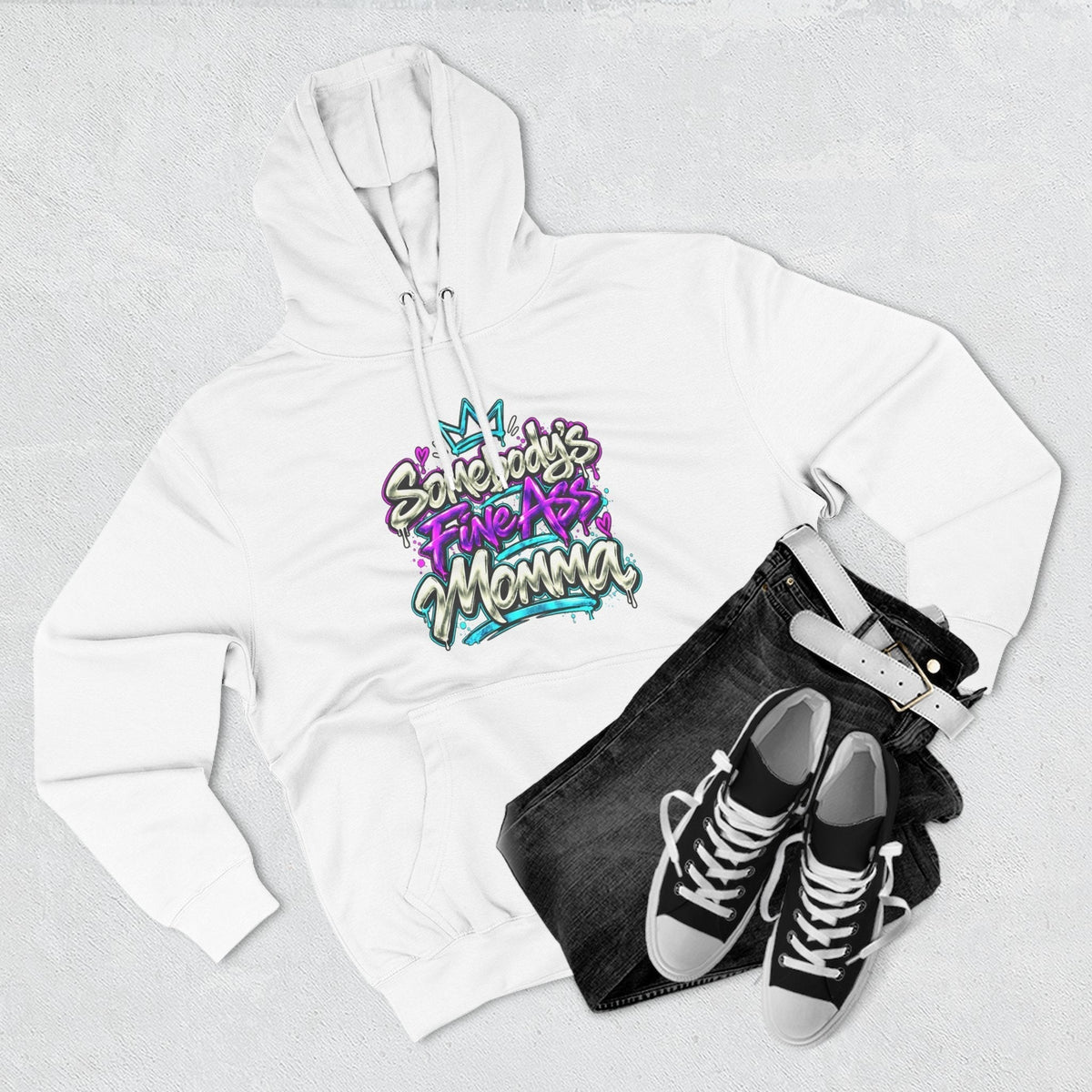 Somebody's Fine Ass Momma Hoodie: Graffiti Script, Retro Colors in White colorway