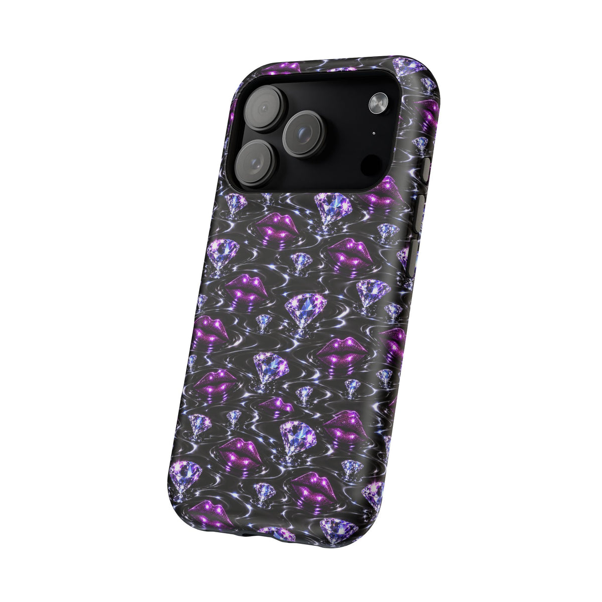 Protective case with purple lip symbols and decorative faceted diamonds.