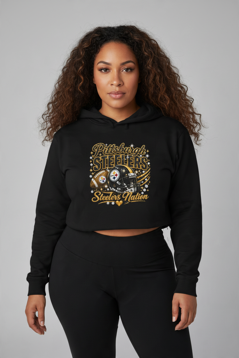 Pittsburgh Steelers fan girl cropped fleece hoodie with bold helmet-inspired graphic and raw hem