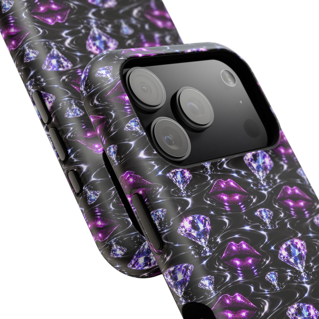 Another product image of the purple lips and diamond-pattern phone case.