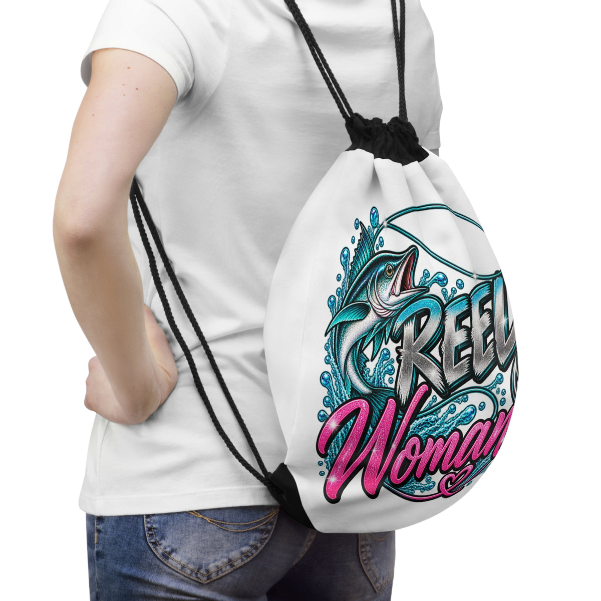 Reel Woman Drawstring Bag – Feminine Fishing Gym Sack with Marlin & Hook Design
