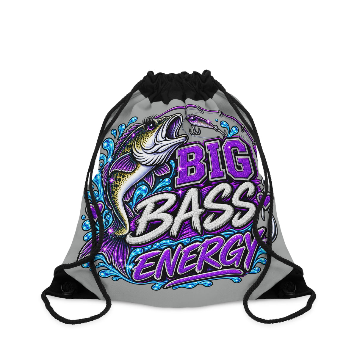 Big Bass Energy Drawstring Bag | Fishing Graphic, Bass Illustration