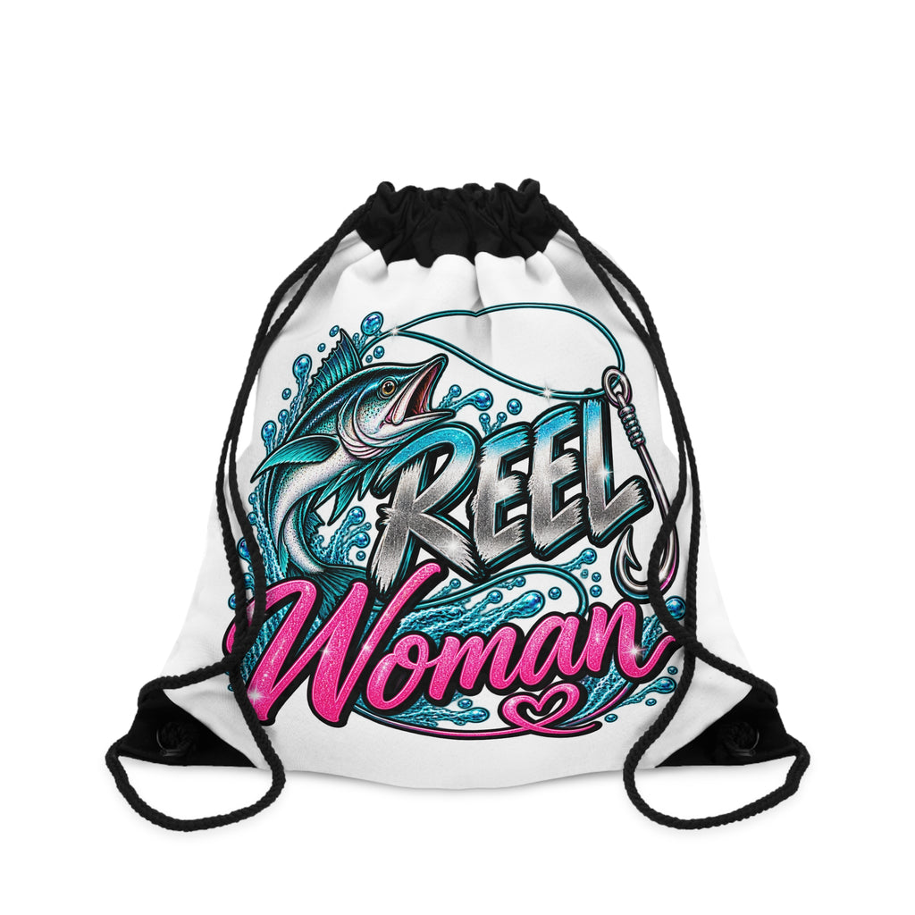 Reel Woman Drawstring Bag – Feminine Fishing Gym Sack with Marlin & Hook Design