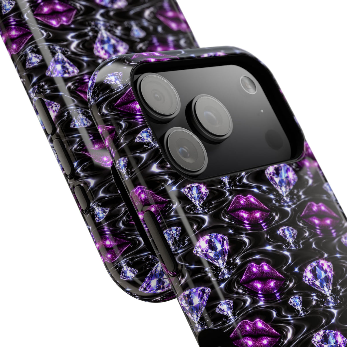 Purple lips and glittering diamond-inspired pattern on a phone case.
