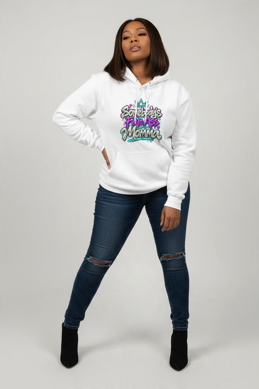 'Somebody’s Fine Ass Momma' printed hoodie showcasing vibrant retro-inspired typography.