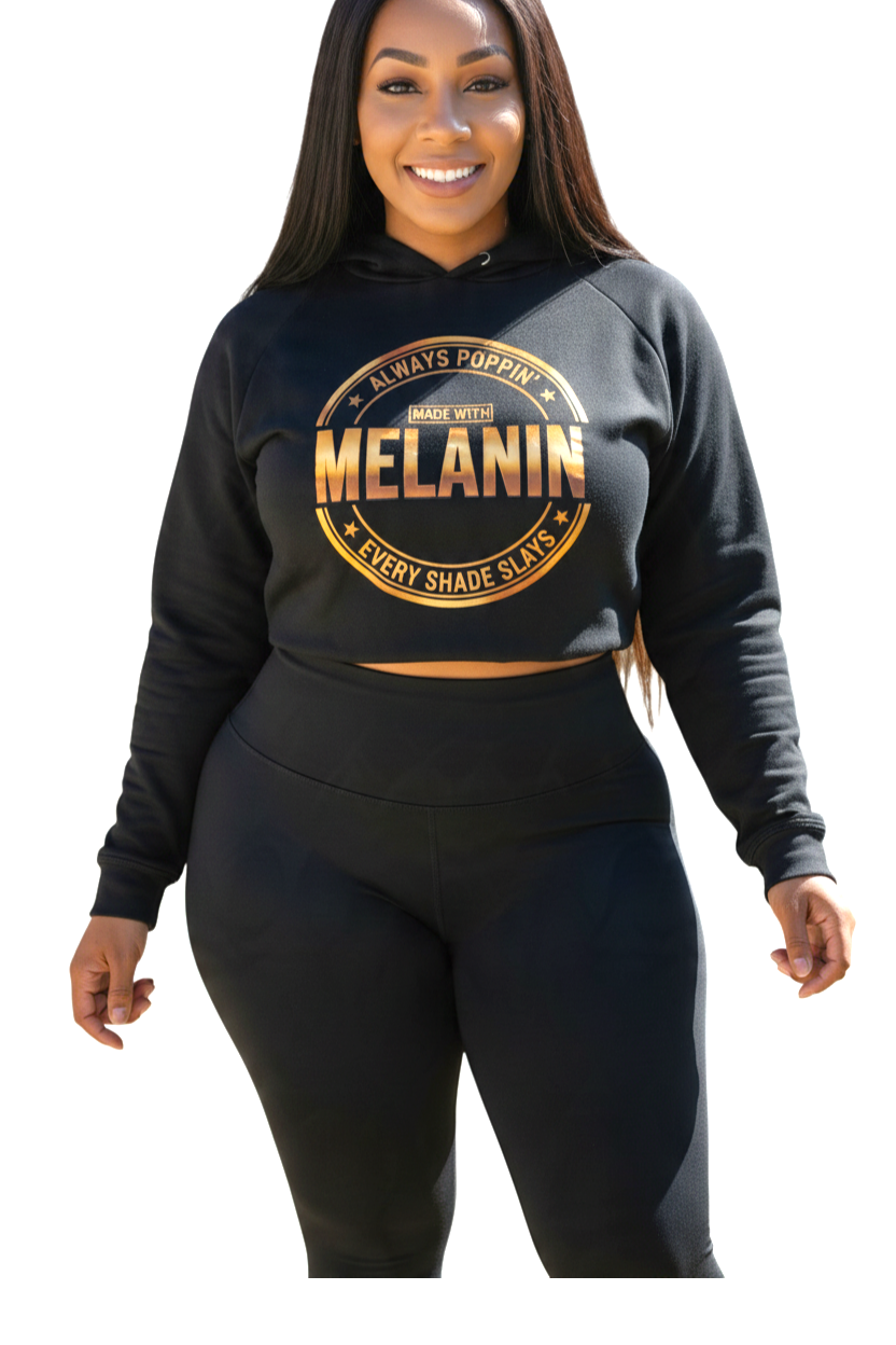Throw it in the Bag black cropped hoodie with gold Always Poppin' Melanin Every Shade Slays graphic print