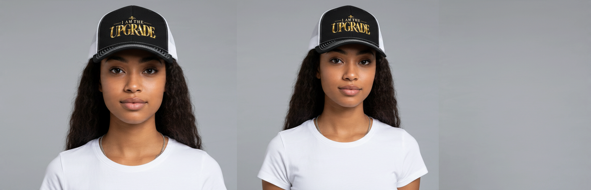 I Am The Upgrade mesh-back trucker cap with gold embroidered statement lettering.